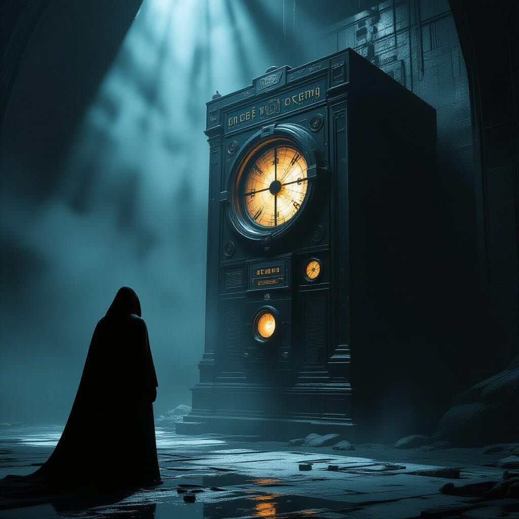 Shadow Agent Before Alien Radio Console in Noir Sci-Fi