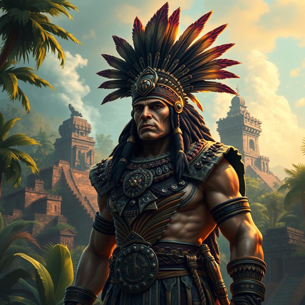 Ancient Mesoamerican Warrior in Lush Jungle