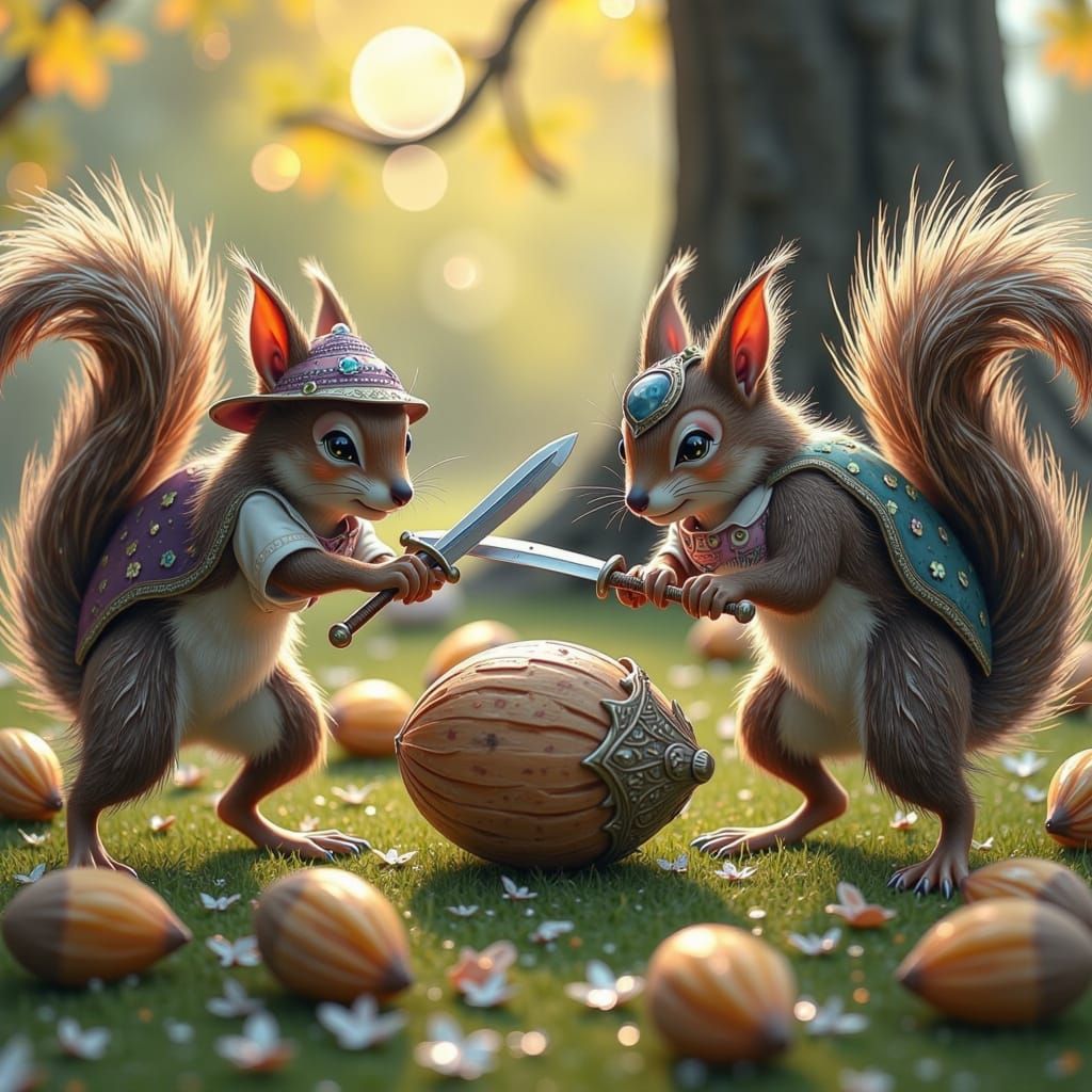 Squirrels in Whimsical Backyard Battle for Walnuts