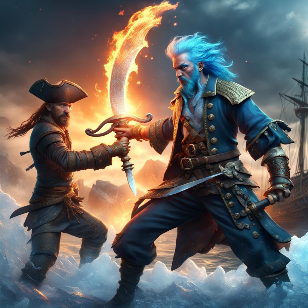 Pirate vs Marine Battle with Fire and Ice Swords