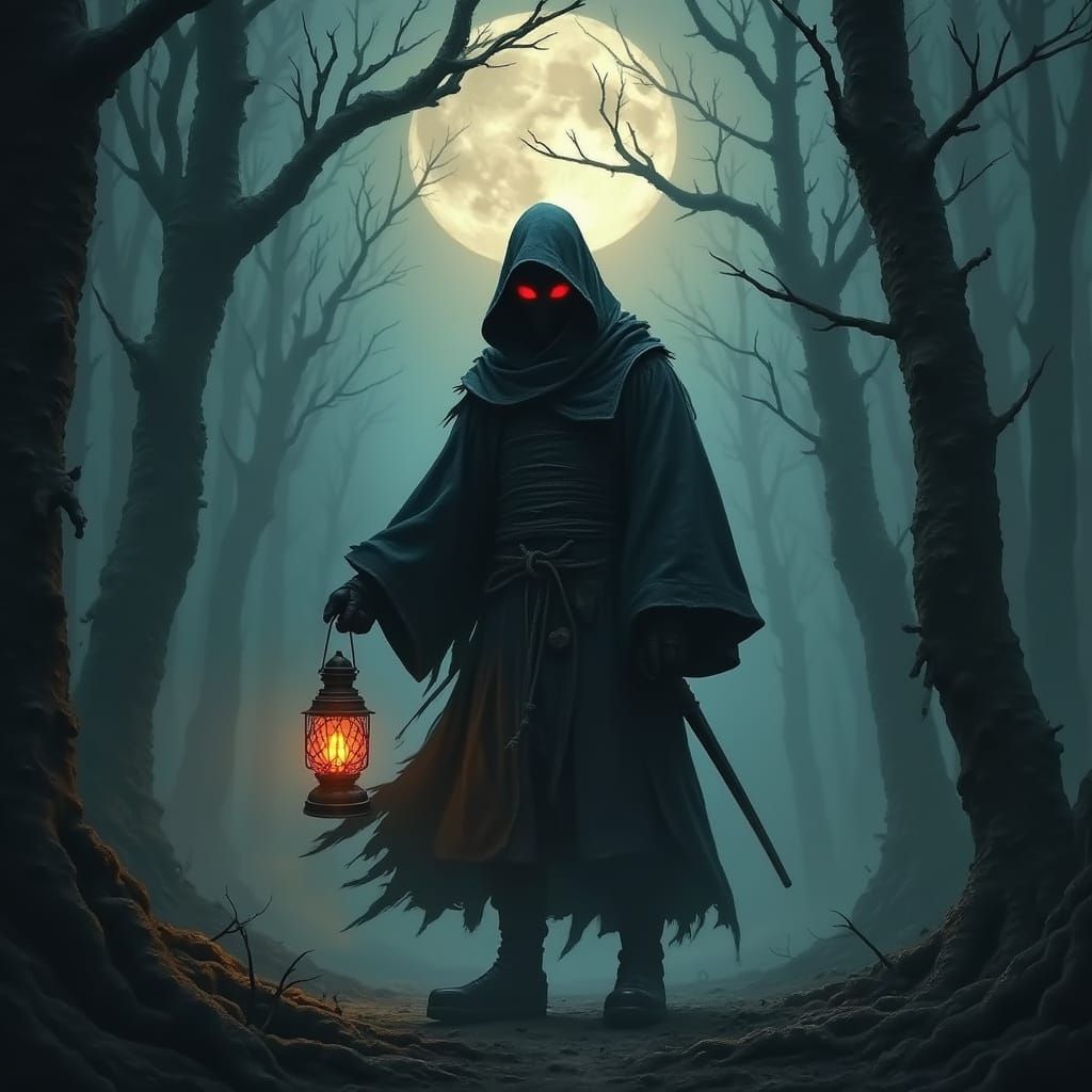 Stealthy Ninja in Dark, Mysterious Forest