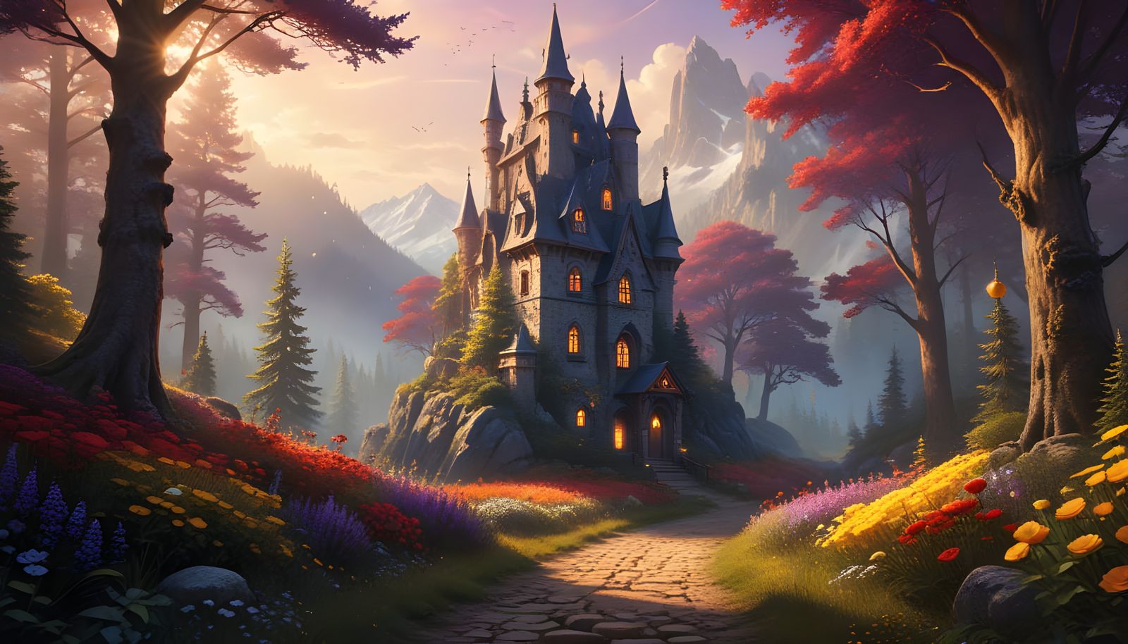 Magical School Overlooking Spruce-Lined Alley