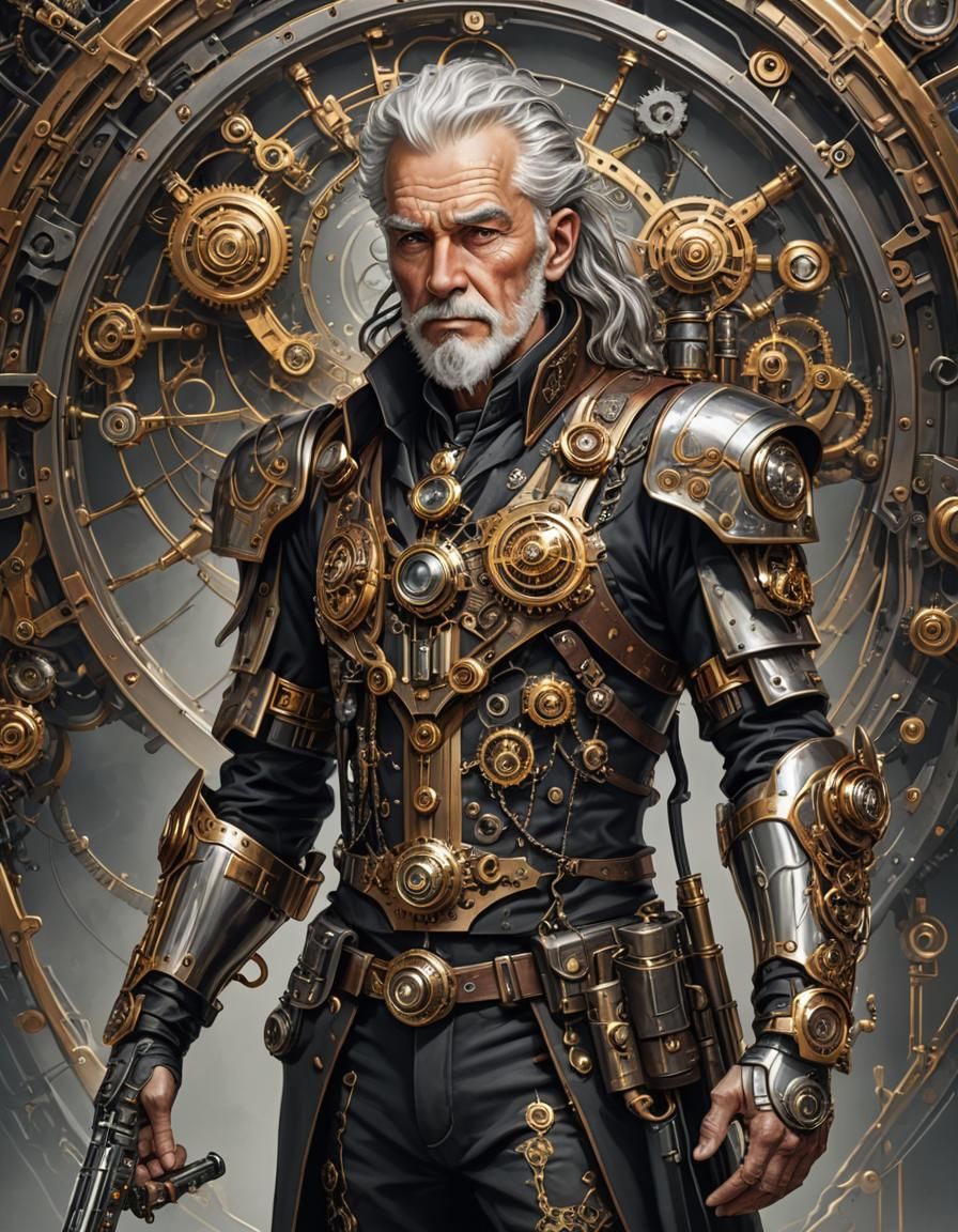 Steampunk Old Man with Cybernetic Implants and Rifle