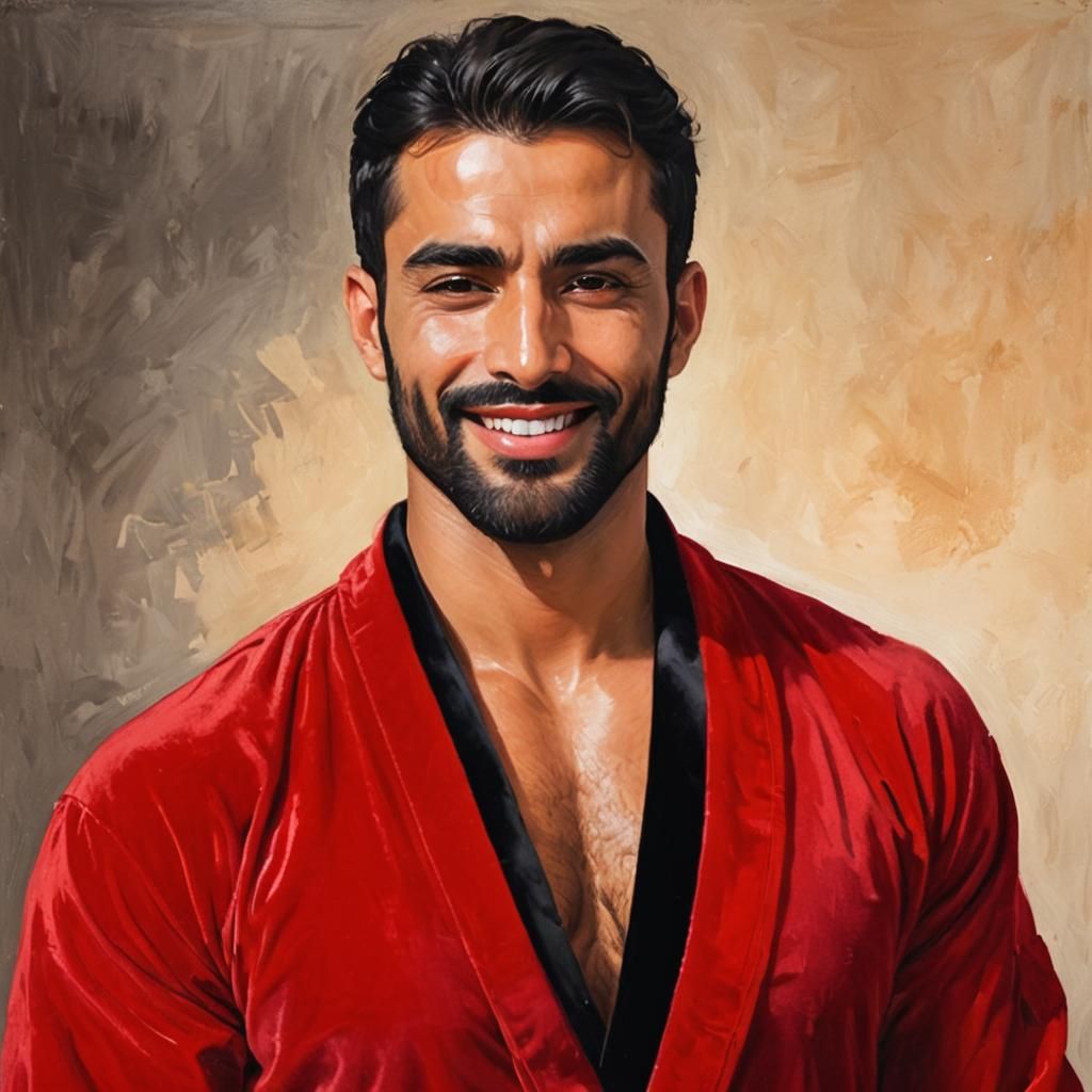 Handsome Man in Red Velvet Robe as Oil Painting