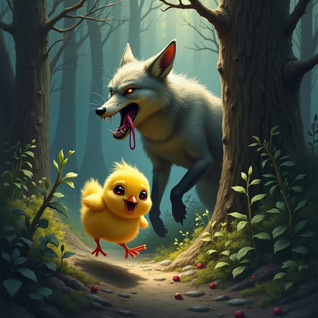 Chick's Escape: Forest Chase in Oil Painting Style