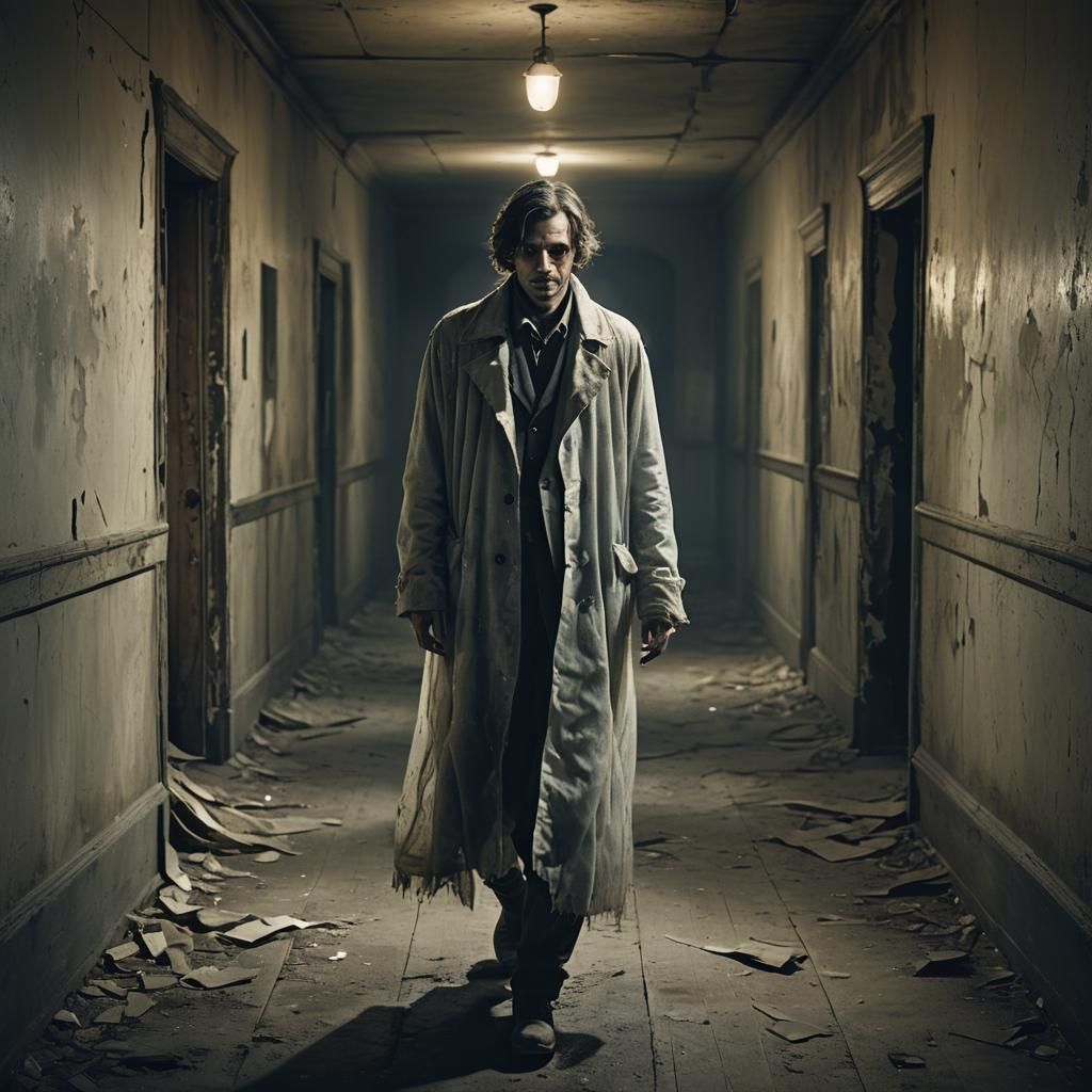 Eerie Translucent Figure in Abandoned Hallway