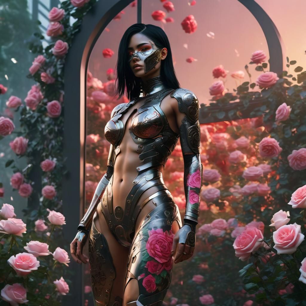 Modern Warrior in Rose Garden: Hyper-Realistic Digital Art