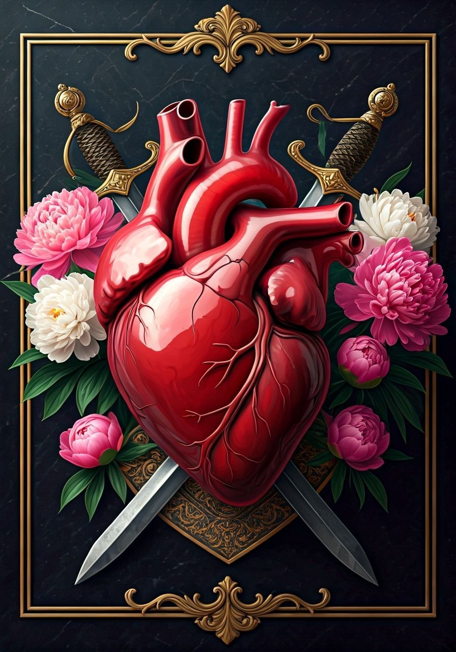 Red Porcelain Heart with Swords and Peonies in Splash Art