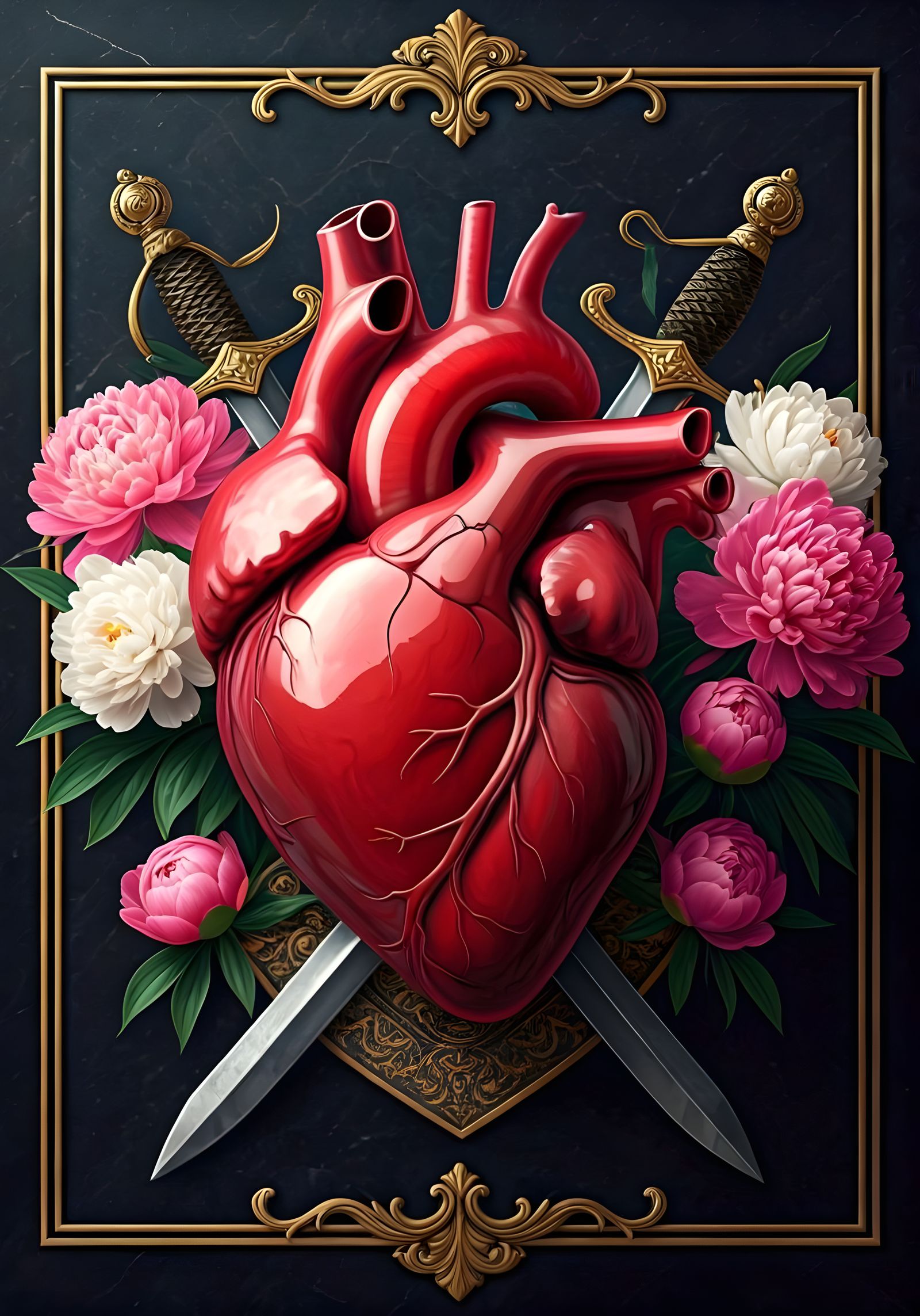 Red Porcelain Heart with Swords and Peonies in Splash Art