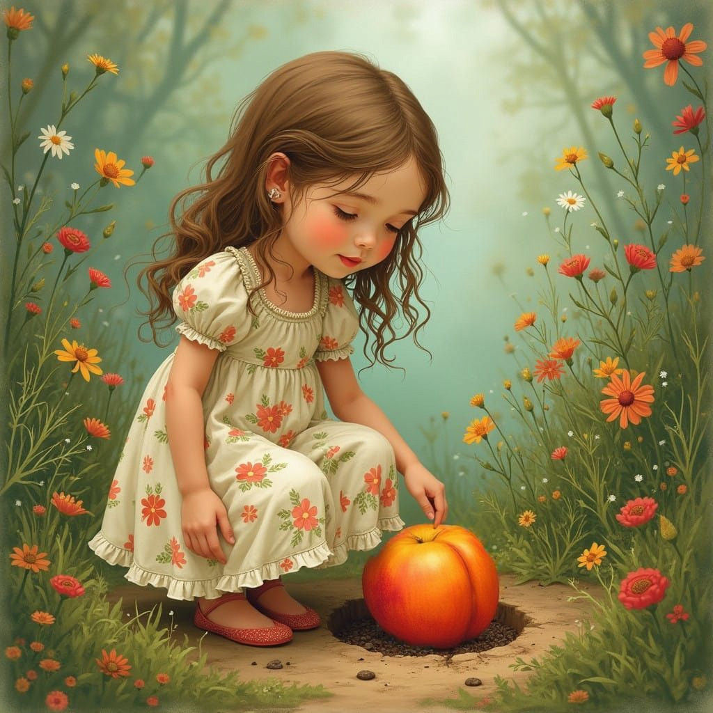 Girl Celebrates Spring Renewal with Peach Seed Planting