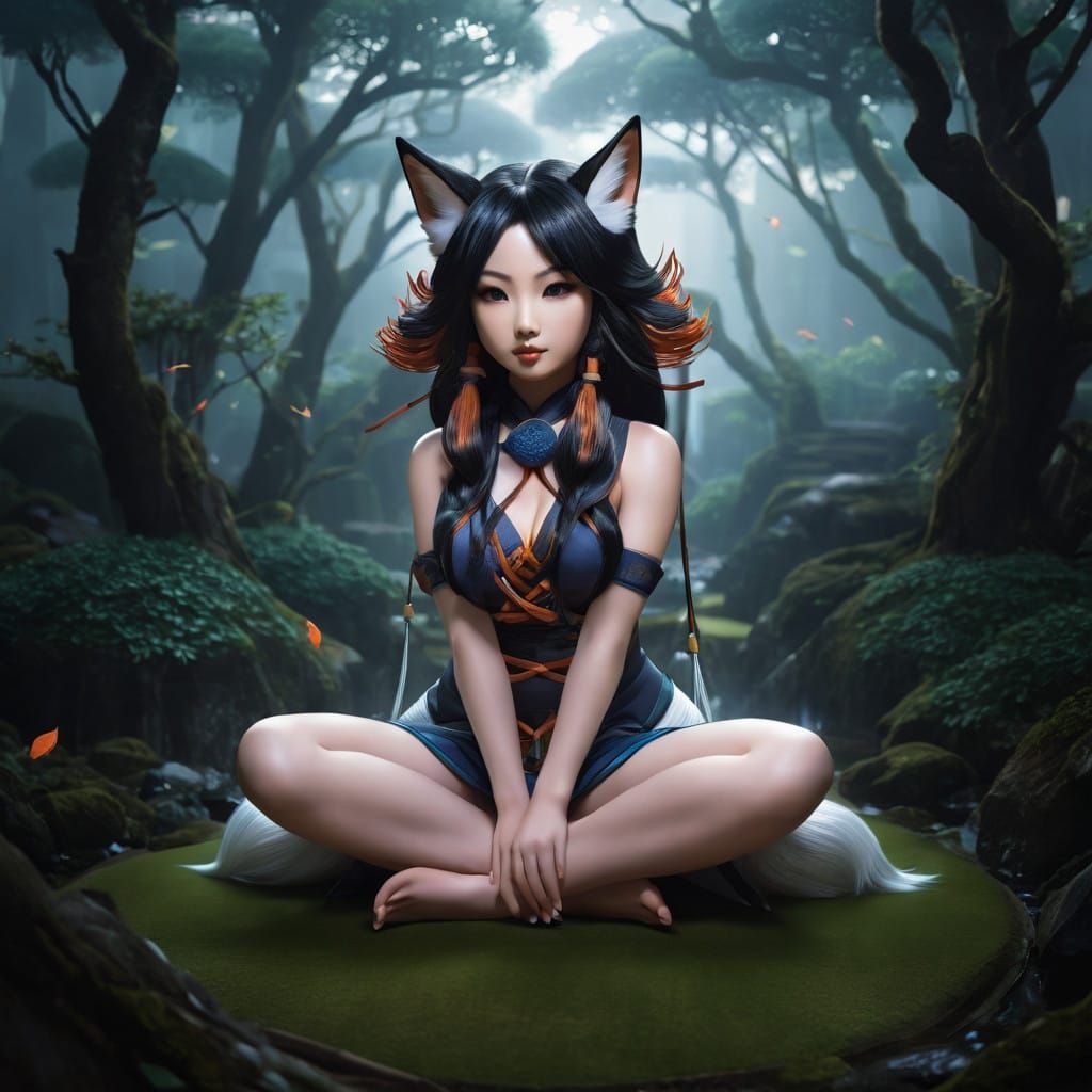 Adorable chibi Japanese Kitsune Neko Kitsuneko musume weavin...