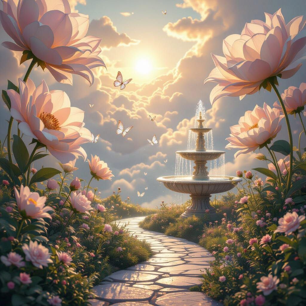 Dreamlike Garden Floating Above Clouds With Golden Sunrise