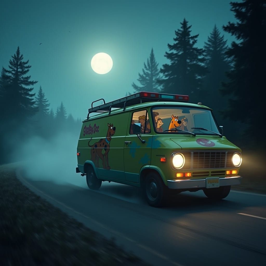 Mystery Inc.'s Psychedelic Van Speeds Down a Misty Moonlit R...