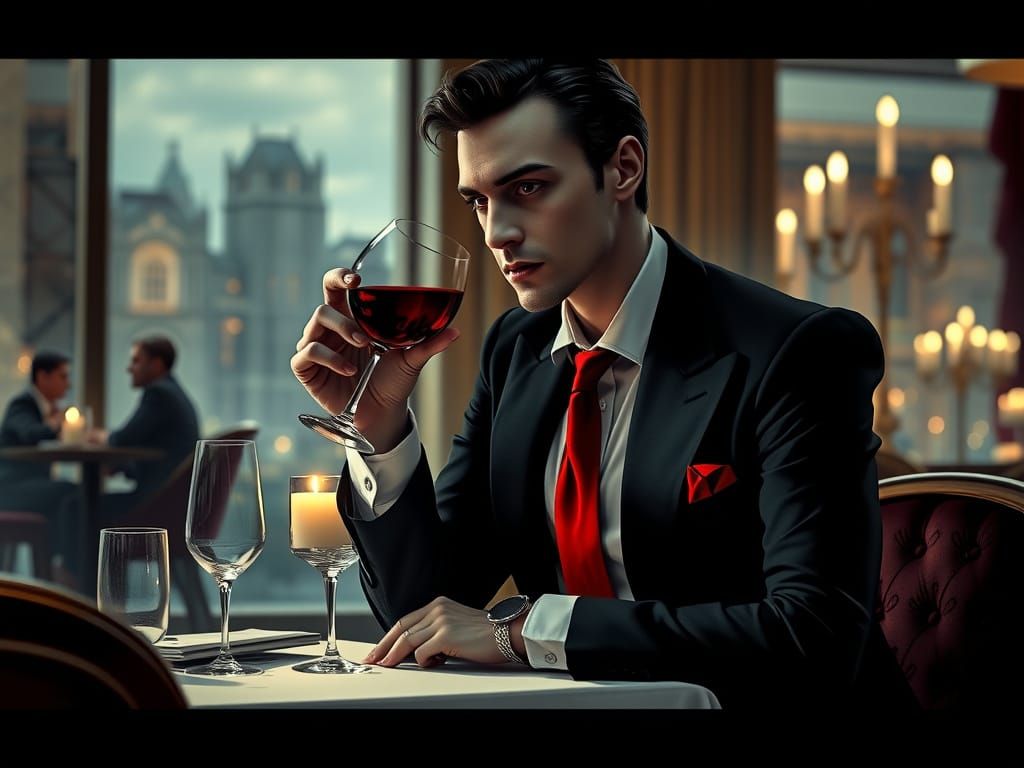 A well-dressed vampire in a modern suit drinking blood in a ...