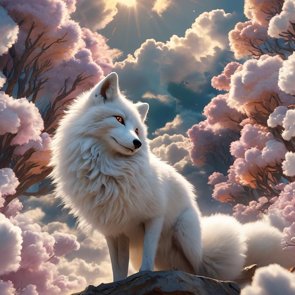Multi-Tailed Fox Gazing at Sky, Ghibli-Inspired Digital Art