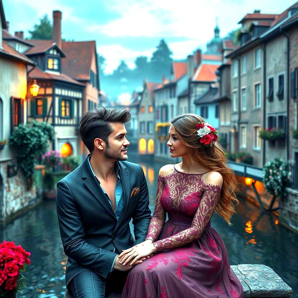 Romantic Couple in European Village: Fantasy Art