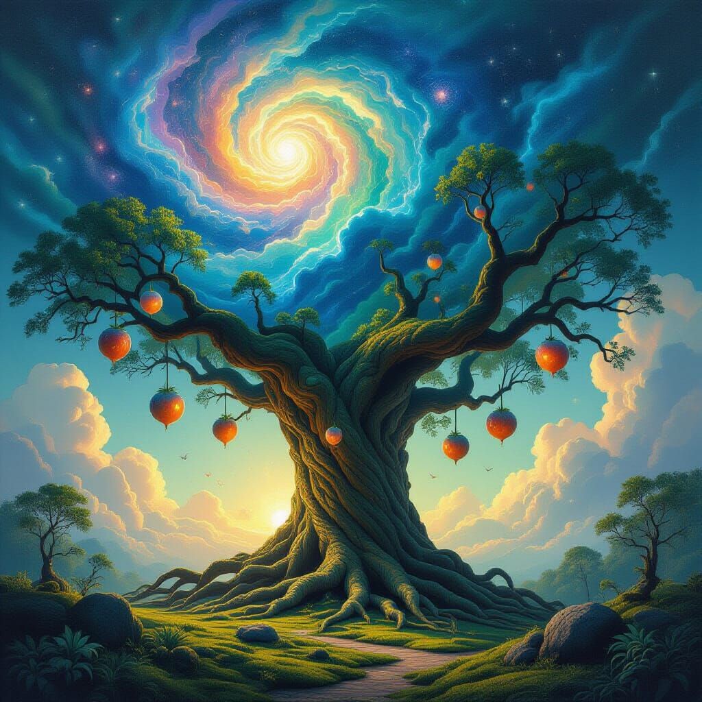 Ancient Dream Tree Beneath Swirling Nebulae Sky