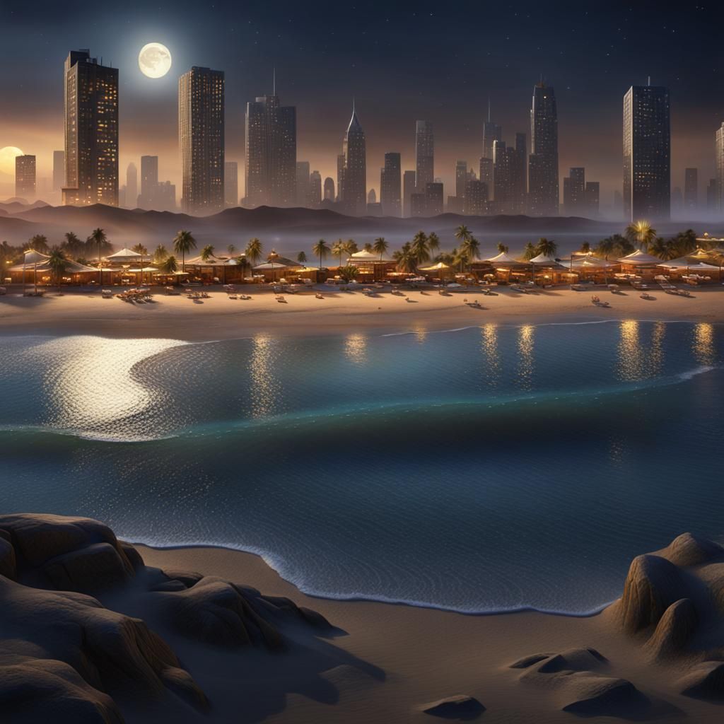 Moonlit Cityscape on Sandy Shore: Fantasy Concept Art