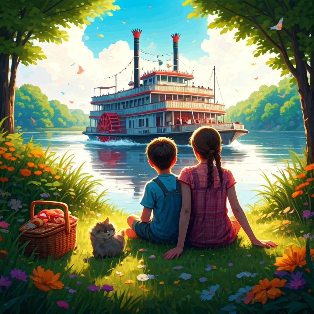 Vintage Riverboat Scene in Graffiti and Splash Art Style