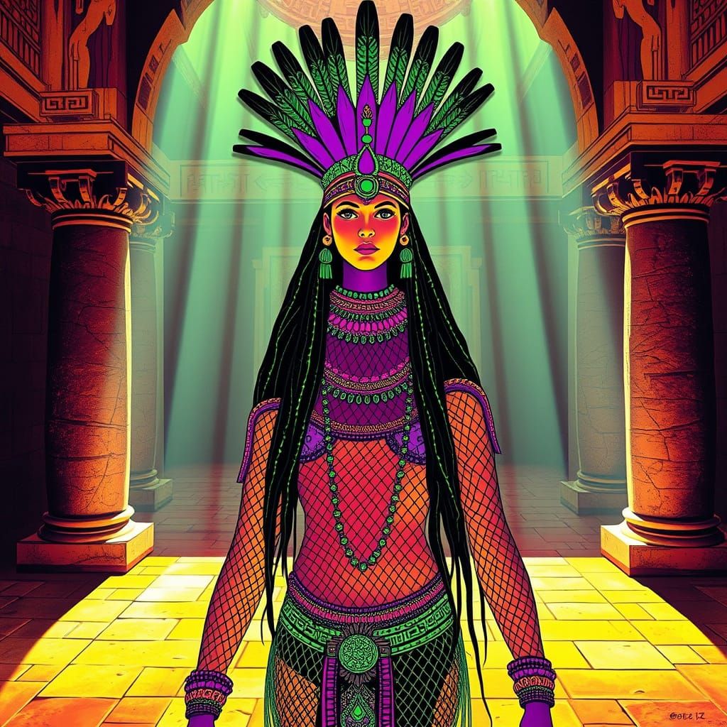 Inca Priestess in Geometric Garments, Psychedelic Art
