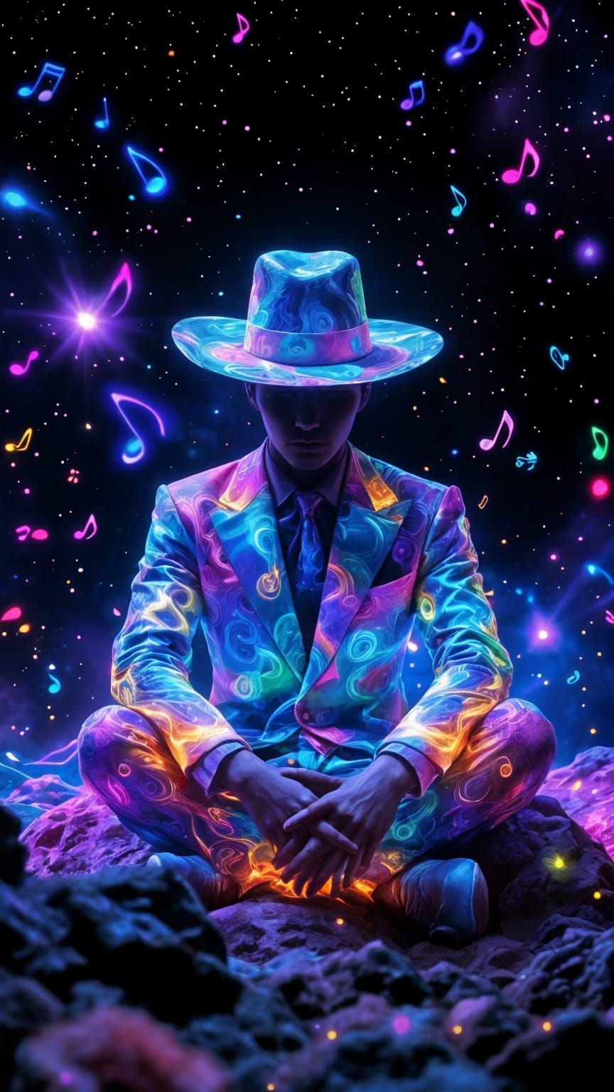 Mysterious Psychedelic Figure in Cosmic Music Notes and Symb...