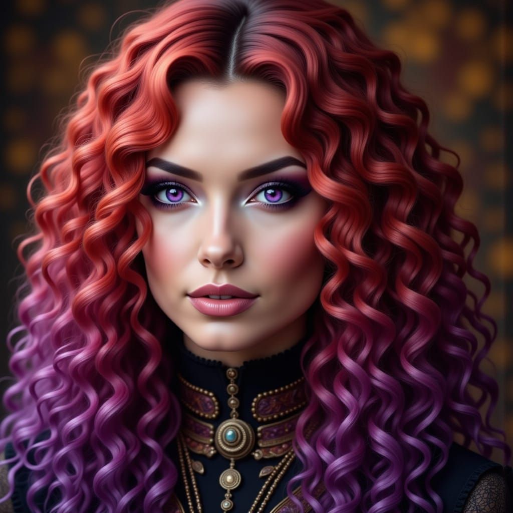 Glamorous Witch Portrait with Purple Eyes and Autumn Hair