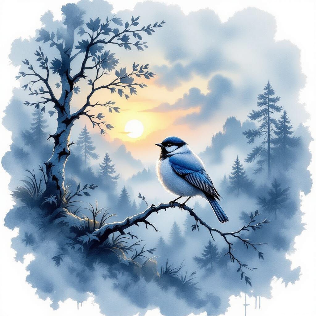 Fluffy Bird in Foggy Sunrise Sky, Silver-Blue Monochrome