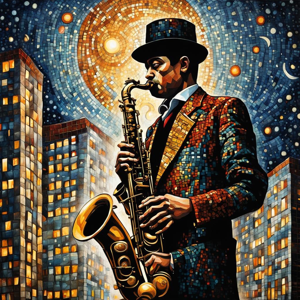 Mosaic Saxophone Player in Night Cityscape