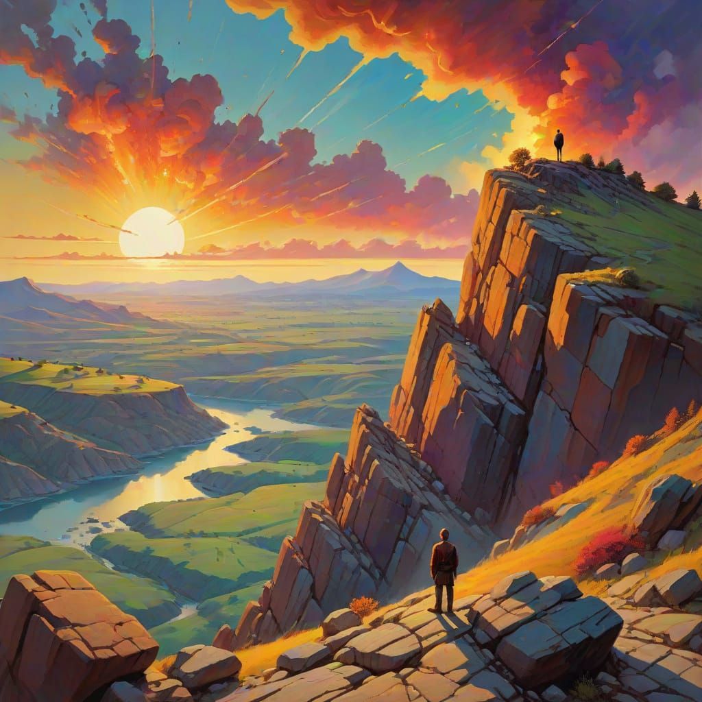 Lone Figure on Cliff in Surreal Oil Painting