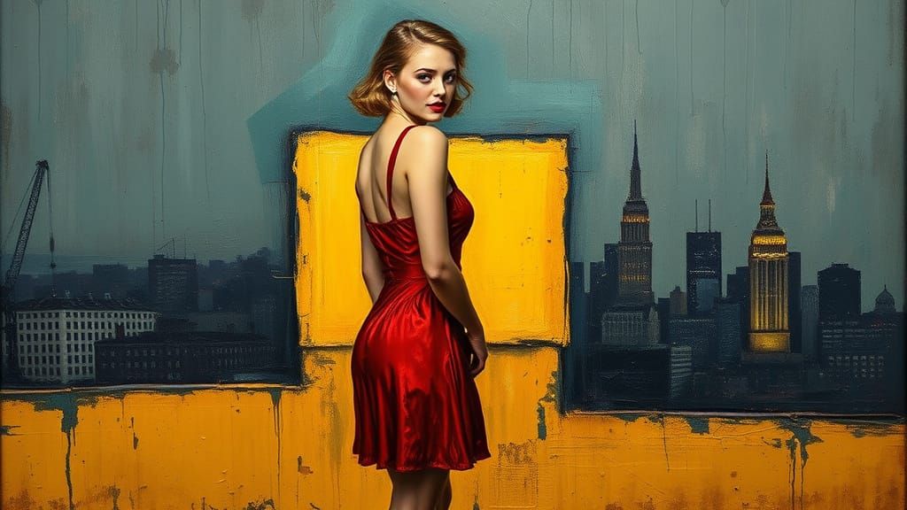 Swedish Pin-Up Woman in Red Dress on Yellow Wall