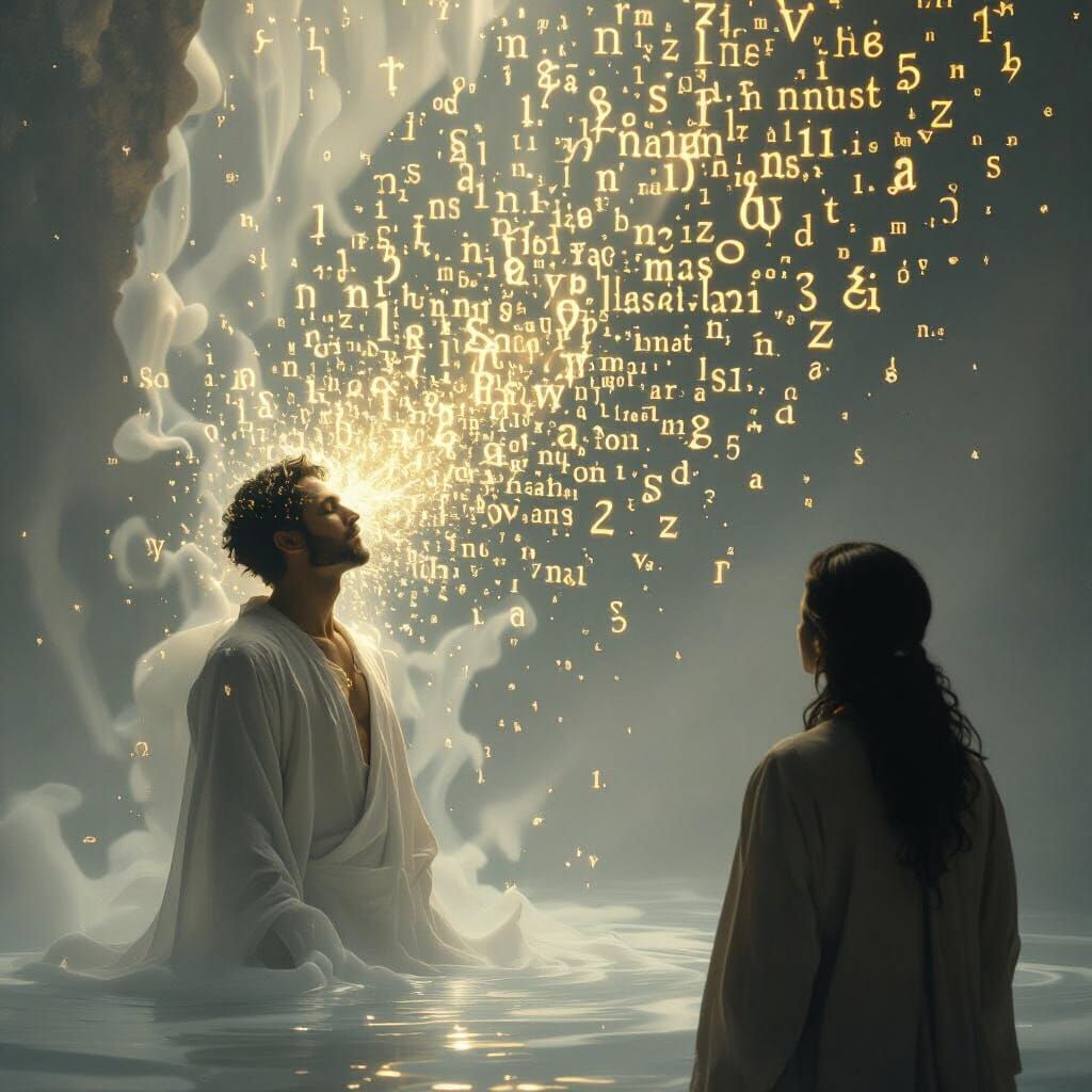 Figure Dissolving into Arcane Words in Surreal Style