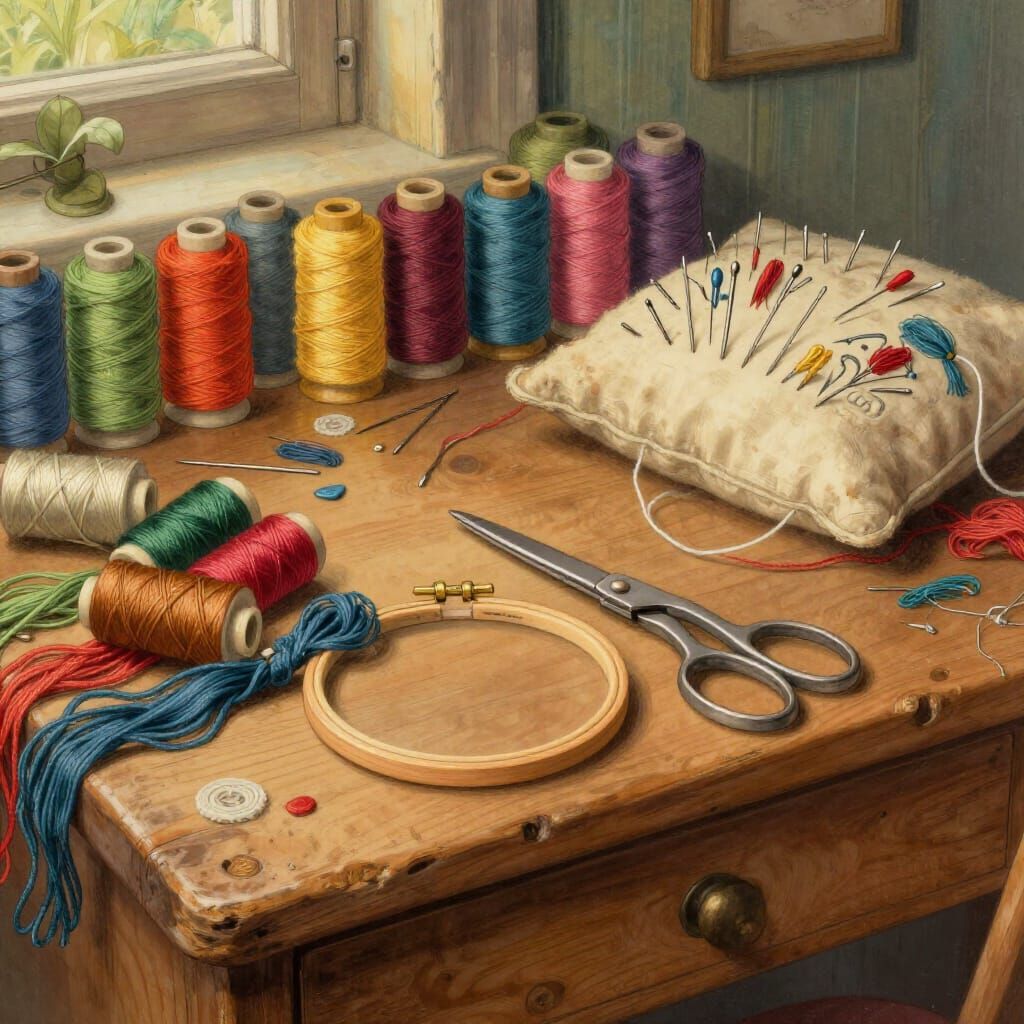 Rustic Sewing Table with Colorful Threads and Needles