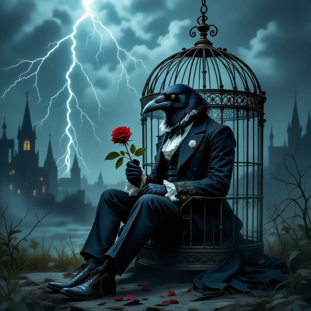 Gothic Raven in Stormy Cage, Dark Fantasy Style