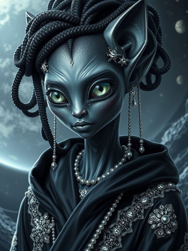 Majestic Silver Alien Goddess in Dark Grey Hues