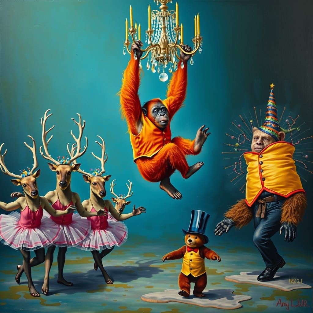 Surrealistic Scene of Orangutan in Vibrant Orange Vest, Chan...