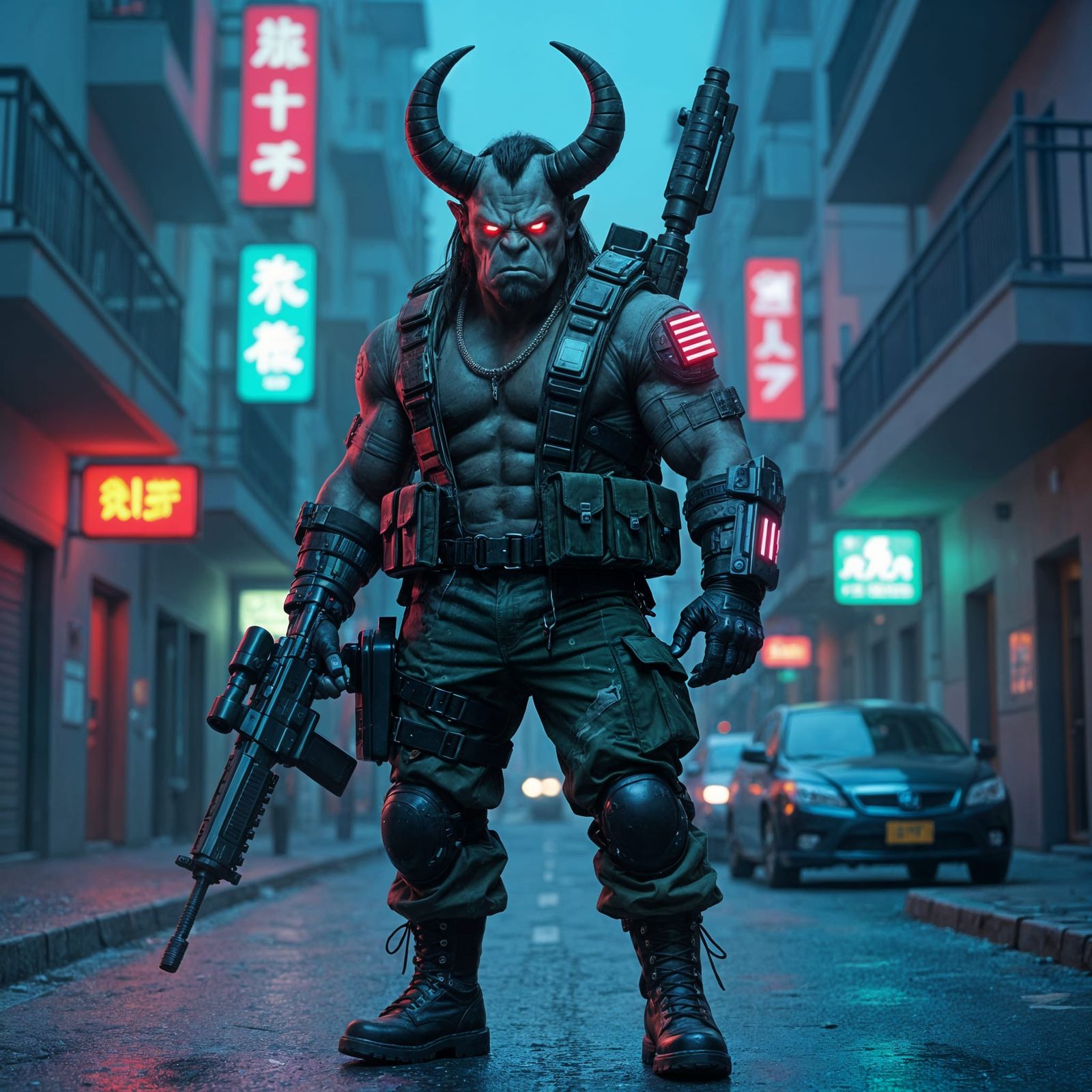 Cyberpunk Troll Warrior in Neon Alleyway