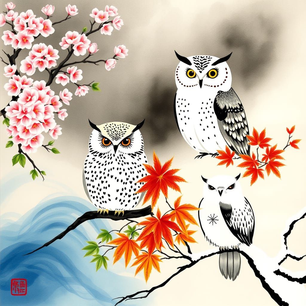 Four Seasons Owls in Elegant Japanese Sumi-e Style
