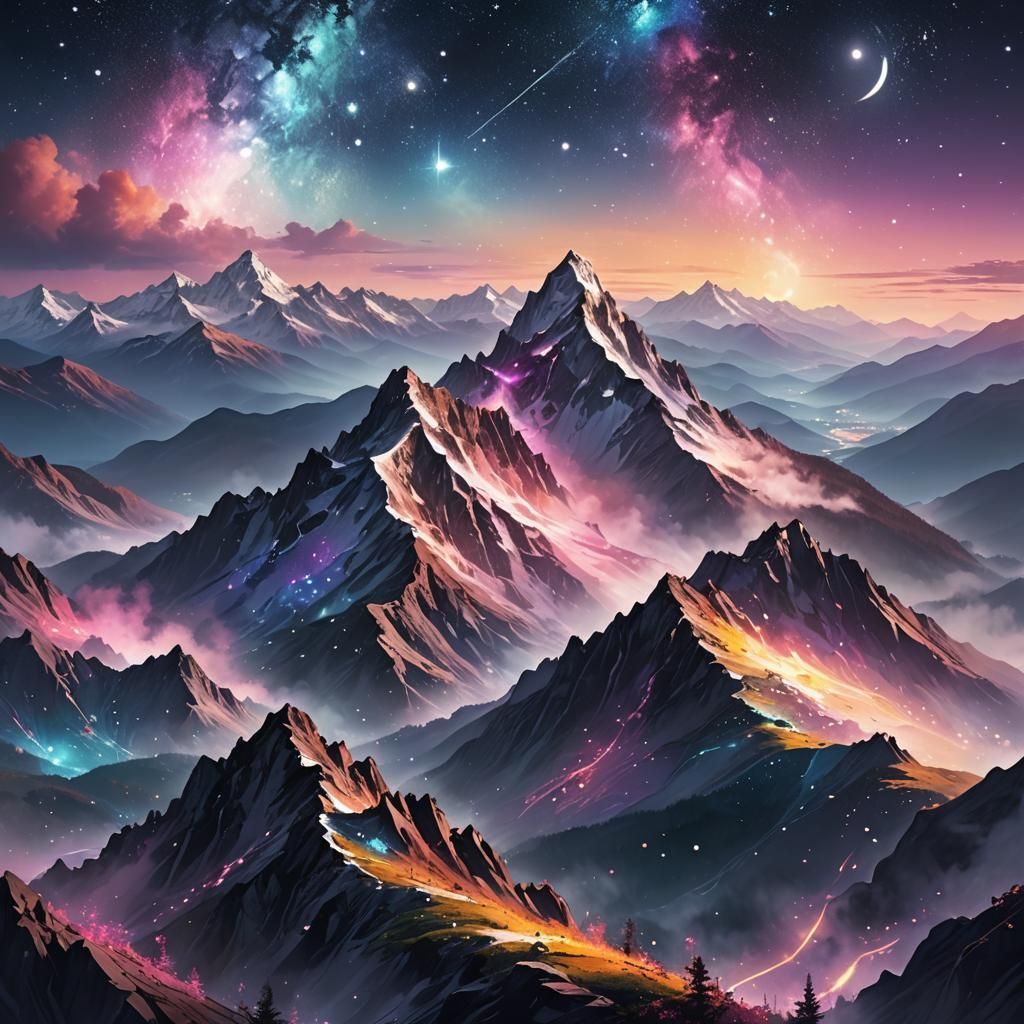 Moonlit Mountain Top in Vibrant Digital Art