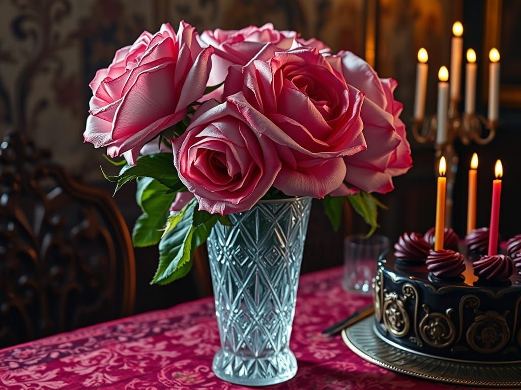 Hyperrealistic Roses in Crystal Vase with Dew Drops