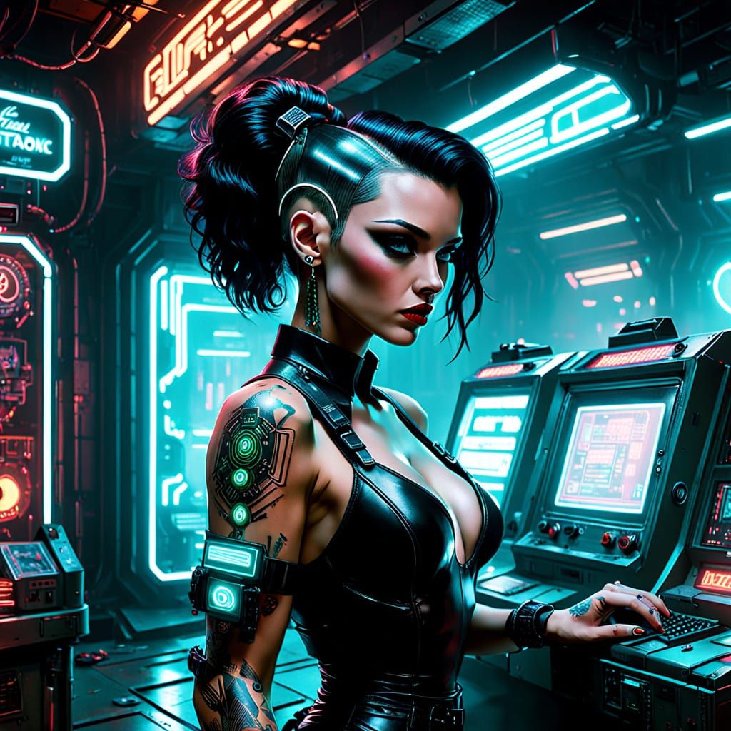 Cyberpunk Pinup Hacker in Neon-Lit Underground Lair