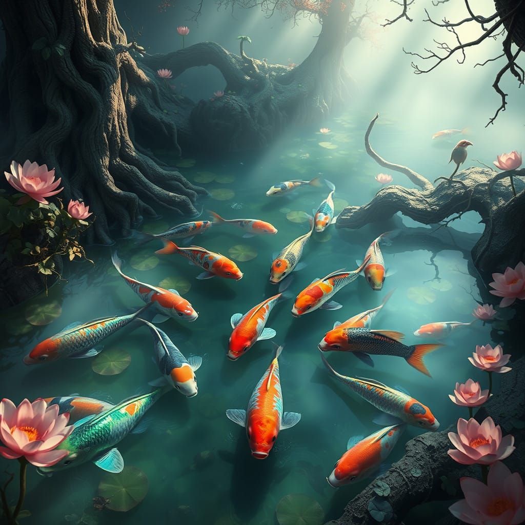 Vibrant Underworld Koi Pond in Ethereal Realm