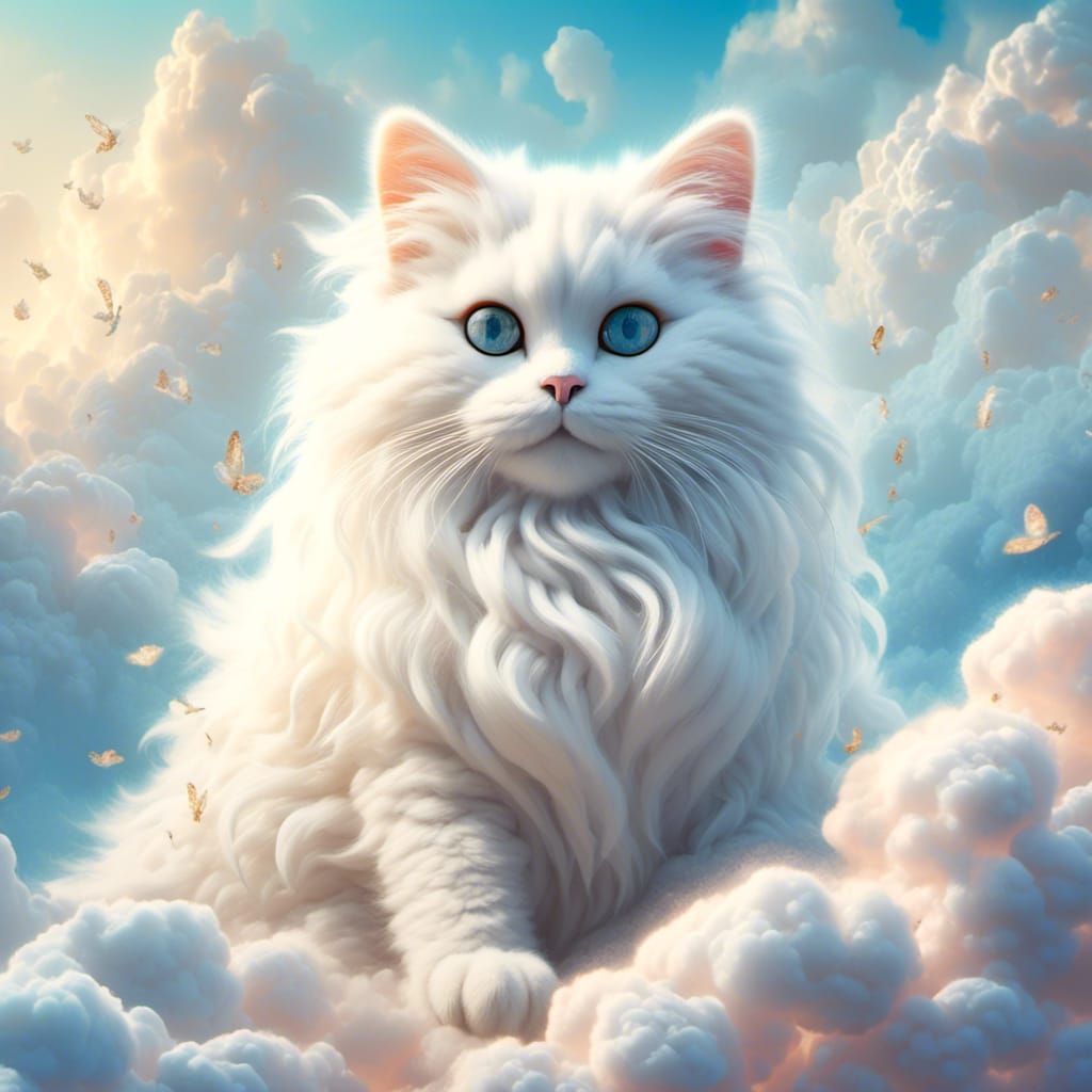 Fluffy White Cat on a Cloud in Pastel Colors