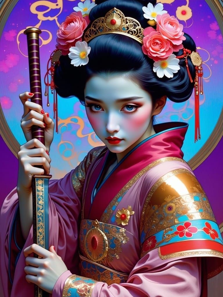Art Nouveau Samurai Warrior Geisha in Stroboscopic Depth Per...