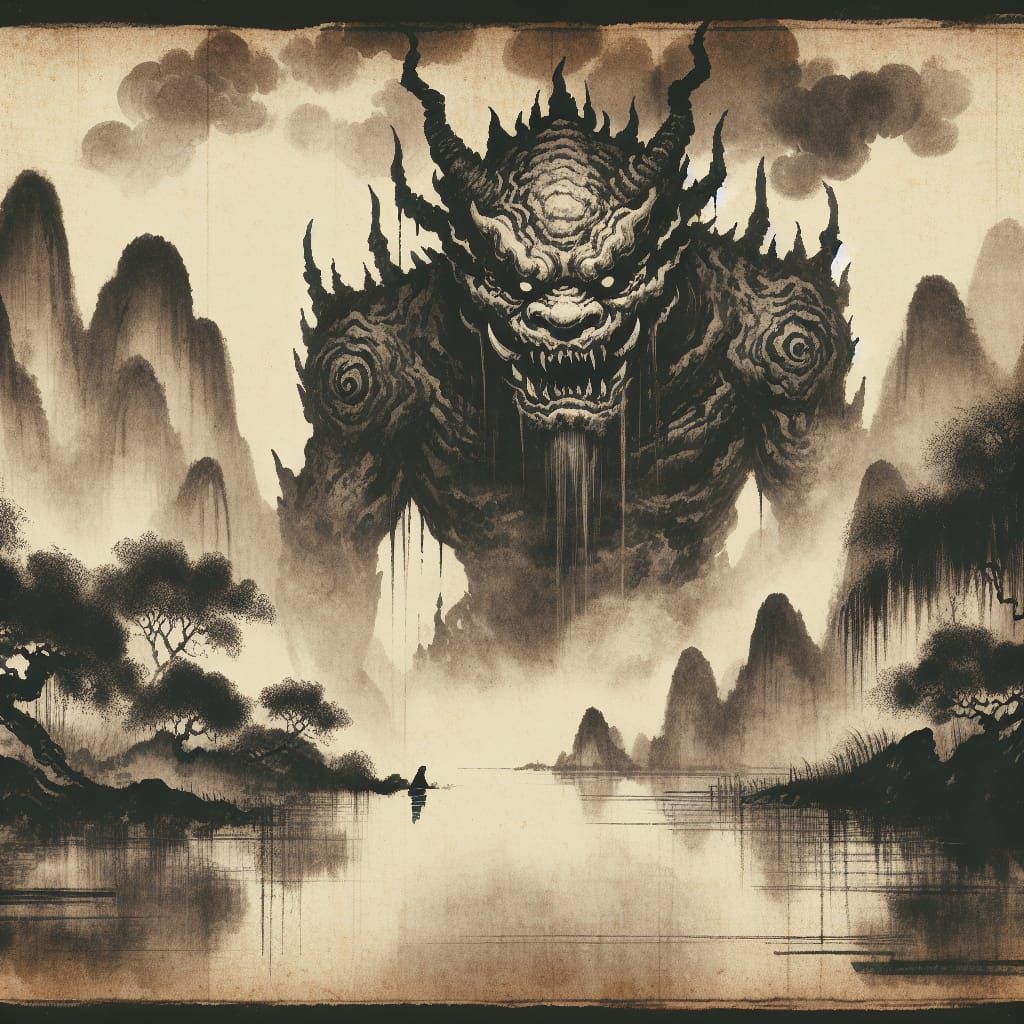 Menacing Monster in Mystical Landscape: Chinese Ink Wash