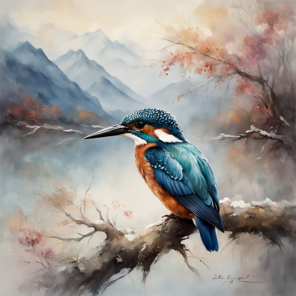 Ethereal Chinese Landscape with Perched Kingfisher in Sfumat...