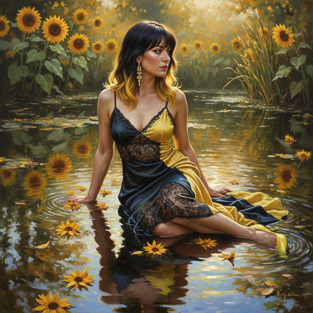 Vibrant Realistic Painting: Woman with Ombre Hair and Lace D...