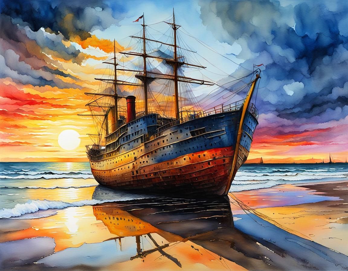 Coastal Shipwreck Sunset in Watercolor Style