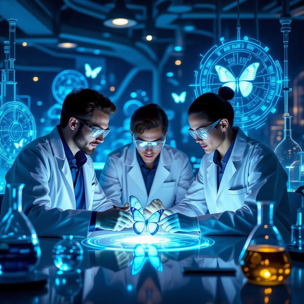 Futuristic Scientists Study Bioluminescent Butterflies
