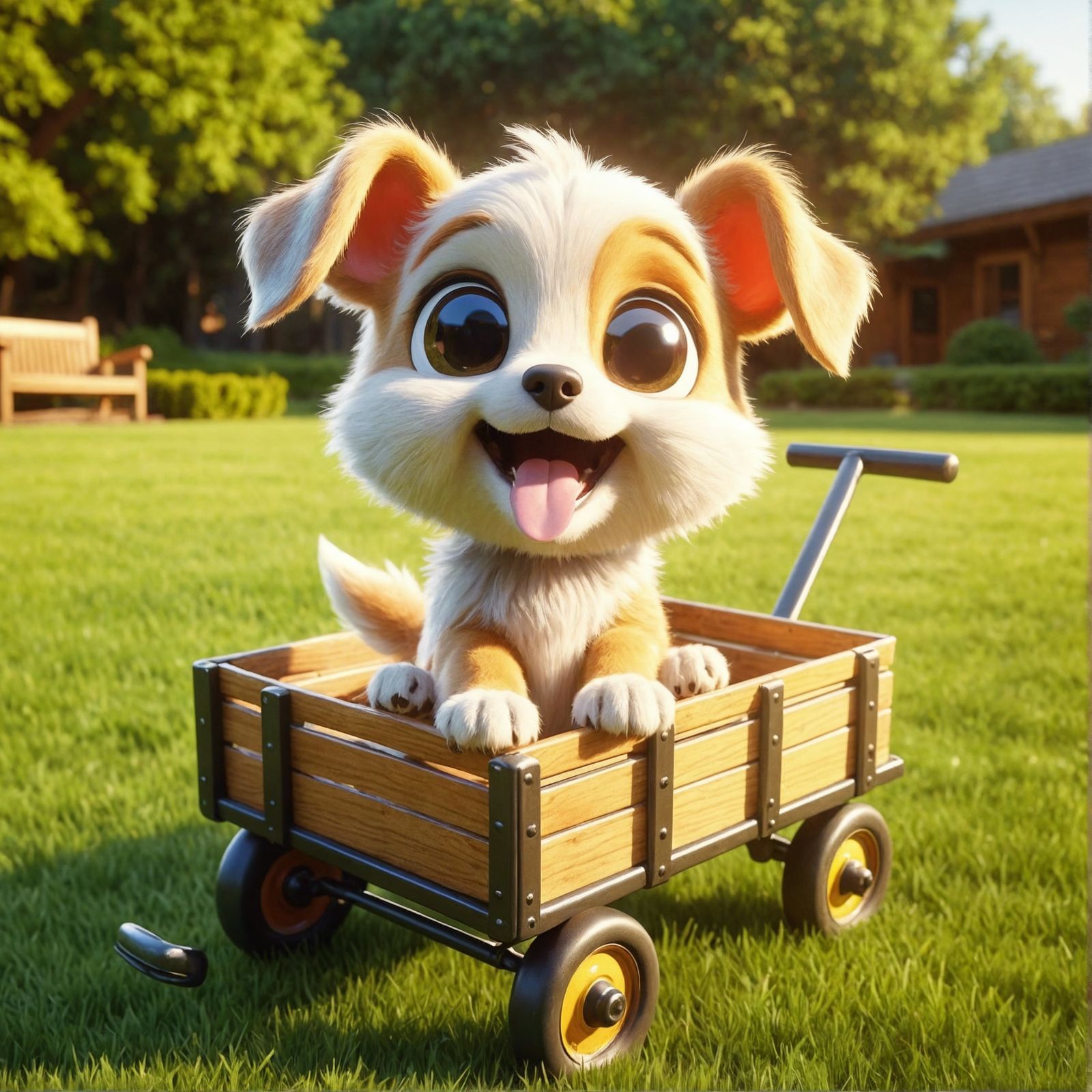 Cheerful Cartoon Dog Wagging Tail in Wagon