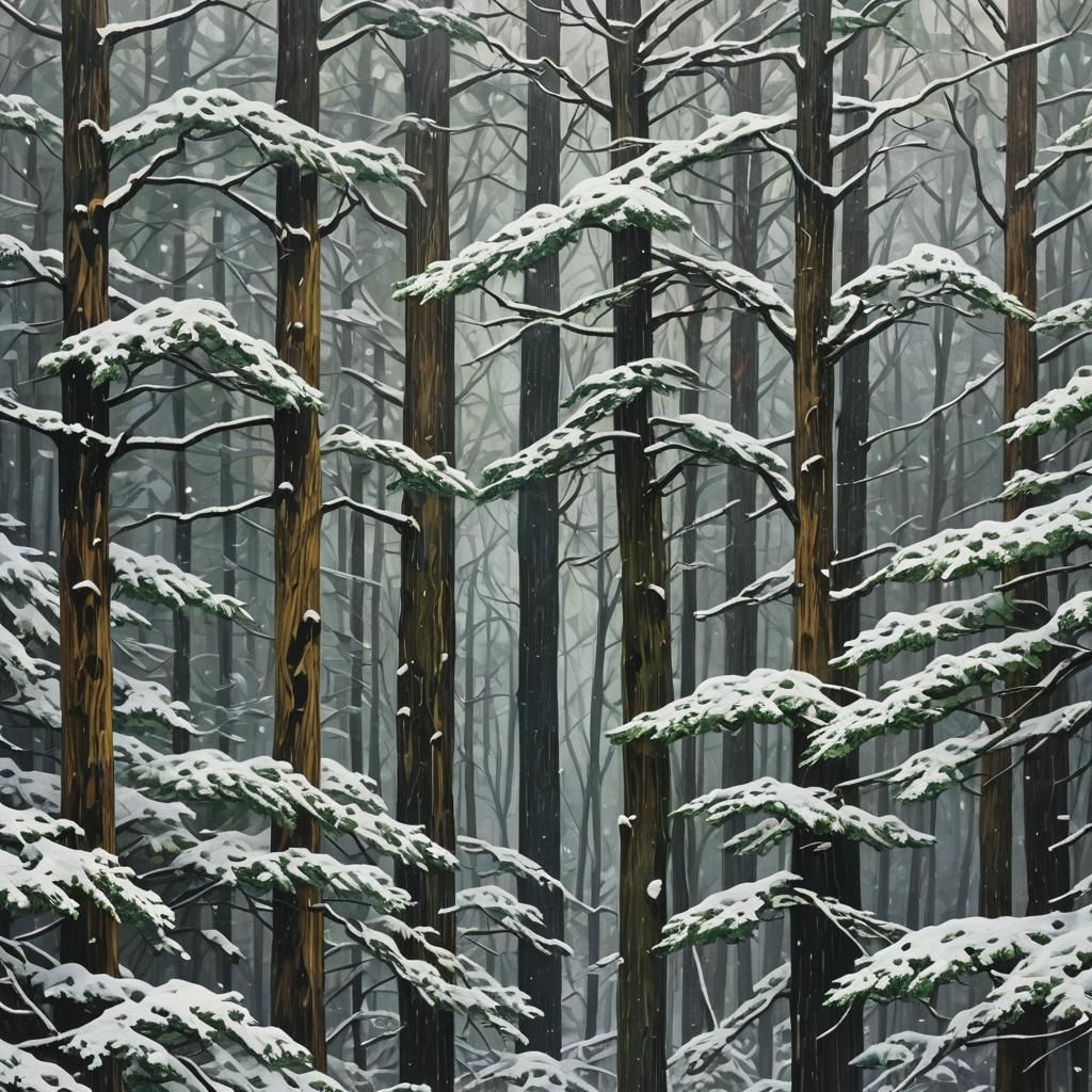 Neo-Expressionist Hinoki Forest in Winter Snowstorm